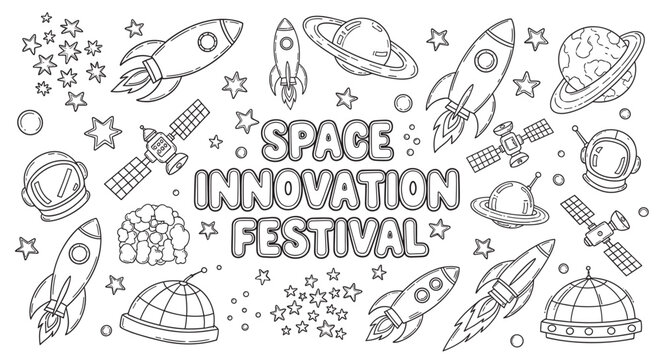 Outline space exploration elements for a science innovation festival. Featuring rockets, planets, satellites, and astronaut gear. Perfect for educational activities or event branding
