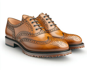 Elegant brown leather brogue shoes with intricate perforations and classic design on white background