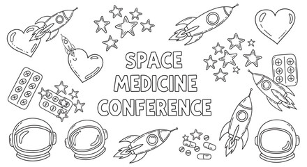 Doodle icon set for a space medicine conference concept. Hand drawn elements include rockets, astronaut helmets, pills, and stars for a healthcare and science themed project