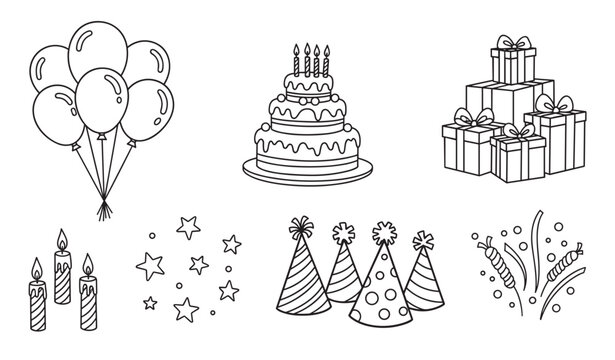 Set of birthday party elements in a hand drawn doodle style. Minimalist outline icons including cake, balloons, gifts, and hats for celebration design and festive invitations - Powered by Adobe