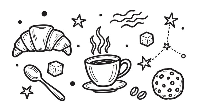 Doodle collection of breakfast food and coffee break items. Hand drawn sketch icons with croissant, cookie, and hot drink for cafe menu design or bakery branding