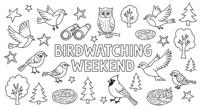 Outline birdwatching weekend activity set. Includes various birds, nests, trees, and binoculars for nature exploration. Perfect for children's coloring books or educational materials