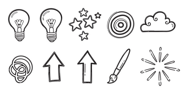 Collection of hand drawn sketch icons representing business ideas and creative process. Elements include lightbulb, target, stars, and arrows for concepts like goals and success