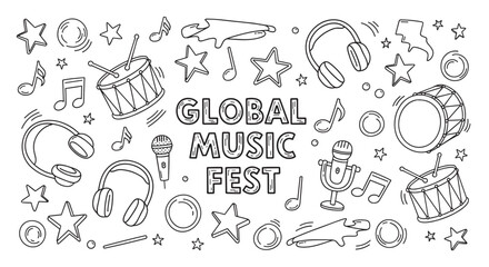 Hand drawn banner for a global music fest with various musical elements. Doodle style collection of headphones, drums, microphones and notes for a concert promotion