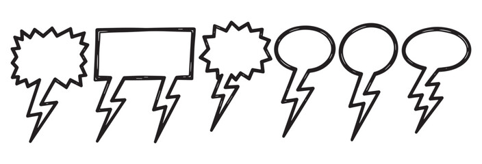 Hand drawn speech bubble collection with lightning bolt tails. Doodle sketch comic book style chat bubbles for expressing anger or shock. Set of isolated dialogue box icons