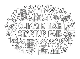 Outline doodle for a climate tech startup fair event. Features rockets, leaves, servers, and growth charts symbolizing innovation, sustainability, and business development