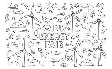 Wind energy fair lettering with hand drawn doodle elements. Collection of renewable power icons including turbines and leaves for an eco friendly technology promotion