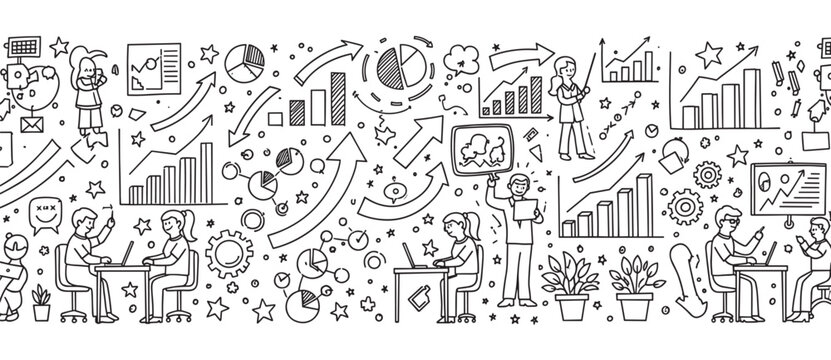 Hand drawn business doodle pattern with people working and analyzing data. Growth charts and financial graphs illustrate corporate success. Diverse adult males and females collaborate