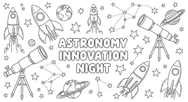 Astronomy innovation night event banner with doodle space elements. Hand drawn coloring page with rockets, planets, and telescopes for kids science education and exploration - Powered by Adobe
