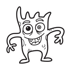 Obraz premium Funny cartoon monster character with a goofy smile and big eyes. Black and white outline drawing perfect for a children's coloring book page or creative activity