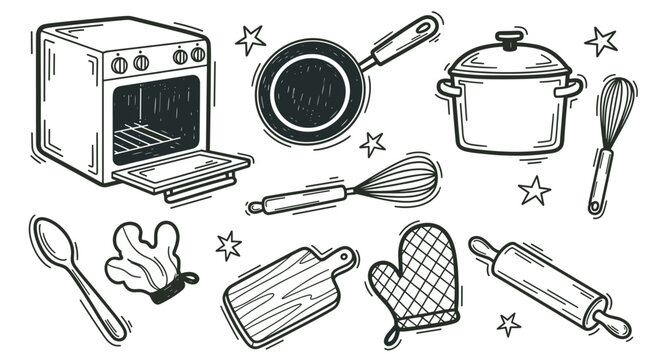Hand drawn kitchen utensils and cooking equipment set. A collection of baking tools and appliances for culinary design. Perfect for recipe blogs or restaurant menus