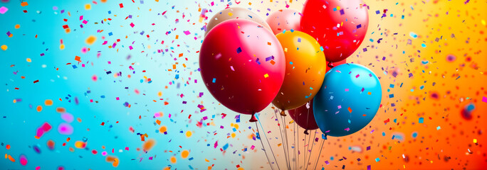 Colorful balloons floating with vibrant confetti falling against bright blue and orange gradient background for festive party celebration and joyful event atmosphere