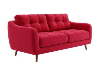 Modern red fabric two-seater sofa with tufted cushions and wooden legs on transparent background
