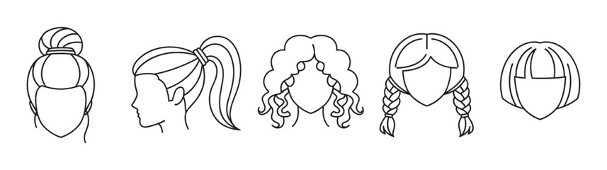 Fototapeta premium Set of various female hairstyles in a minimalist outline style. Icon collection for a beauty salon or hairdresser showing bun, ponytail, braids, curly hair and bob cut