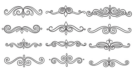 Elegant scrollwork dividers set. Decorative vintage flourish elements for design projects. Classic ornamental borders for invitations and certificates