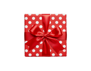 Red polka dot gift box with satin ribbon