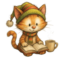 Winter Cozy Cat Reading – Cute Holiday Illustration
