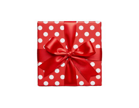 Red polka dot gift box with satin ribbon