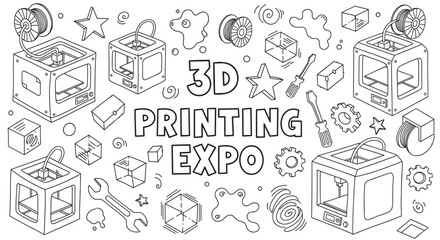 Outline doodle set of additive manufacturing machines, filament spools, and tools. Hand drawn elements for a technology expo. Ideal for rapid prototyping concepts and events