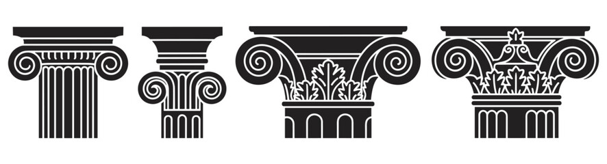 Fototapeta premium Set of classical column capitals showing different architectural orders. Ionic and corinthian pillar tops in a black silhouette style for historical or legal design concepts