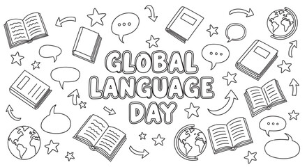 Global language day text surrounded by doodle elements. Outline drawing of books, globes, and speech bubbles. Concept for education and international communication