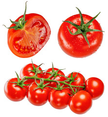 Fresh red tomatoes with green stems and water drops isolated, whole and half cut ripe vegetables, healthy organic food concept for advertising or banner.