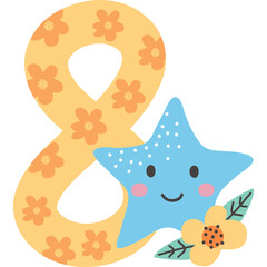 Decorative Number Eight With A Cute Blue Star Character And Floral Accents On A Transparent Background