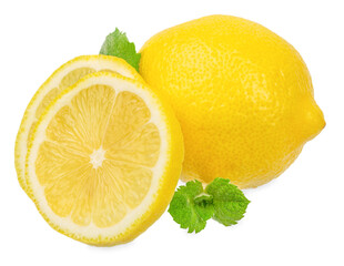 Fresh whole and half lemon with green mint leaves isolated on white background, juicy citrus fruit with copy space for text, healthy food concept for advertising, banner, or design template