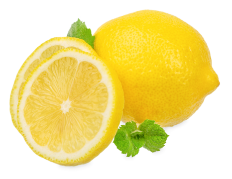 Fresh whole and half lemon with green mint leaves isolated on white background, juicy citrus fruit with copy space for text, healthy food concept for advertising, banner, or design template