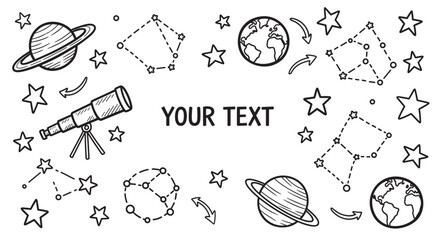 A collection of astronomy and space exploration icons in a cute doodle style. Hand drawn design elements like planets, stars, and a telescope frame a central text area