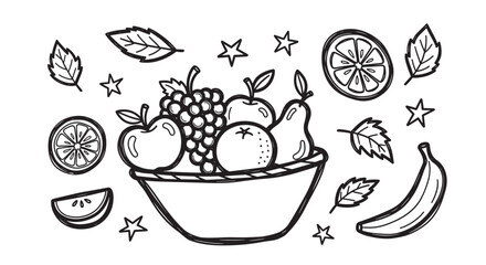 Hand drawn doodle set of fresh organic fruits in a bowl. Black and white sketch collection with apple, banana, grapes and orange for healthy eating or coloring book design