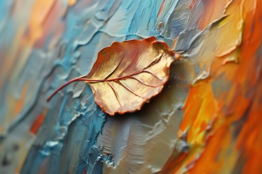 Golden autumn leaf detail on textured impasto oil paint with vibrant blue and orange brushstrokes creating an abstract background