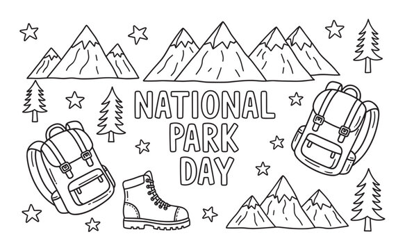 Hand drawn national park day lettering with a collection of outdoor adventure icons. Doodle style coloring page with mountains, hiking boot, backpack, trees and stars