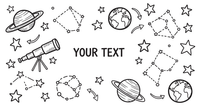 A collection of astronomy and space exploration icons in a cute doodle style. Hand drawn design elements like planets, stars, and a telescope frame a central text area