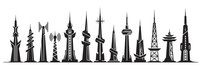 Fototapeta premium Modern communication towers and observation structures. A diverse collection of futuristic architectural elements for urban development and technology concepts