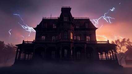 Eerie Victorian mansion silhouetted against a dramatic sky with lightning strike haunted house - Powered by Adobe