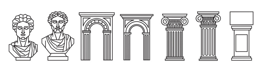 Fototapeta premium Minimalist line art icons of classical antiquity elements isolated on white. Set features ancient greek statue busts, roman arches, ionic columns and a museum pedestal