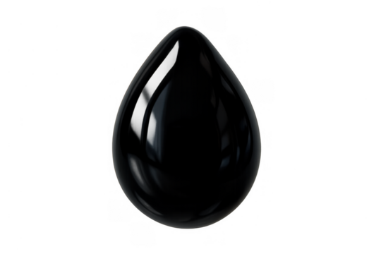 Black glossy oil drop with a reflective surface, representing crude oil, fuel, energy, and environmental impact on a transparent background