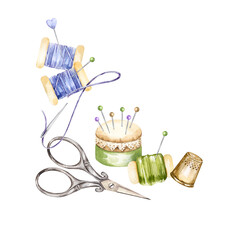 watercolor handiwork tools, hand drawn sketch of embroidery needlework accessory, scissors, flosses, yarn, thimble, pincushion, cozy home hobby, corner composition for women blogs, shops decoration