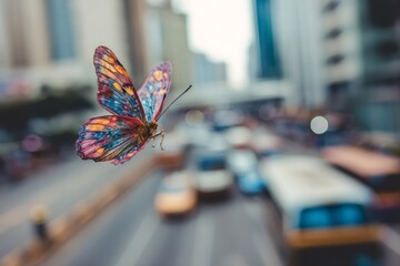 Vibrant butterfly bringing a contrasting sense of natural beauty and freedom to the bustling, fast paced city environment