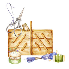 watercolor vintage wooden needlework box, yarn, scissors, pincushion, needle and thread for sewing, flosses, needle pad, needles, handiwork set, hand drawn sketch of accessory, cozy home hobby