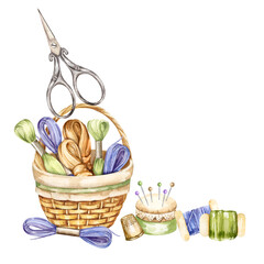 watercolor brown willow basket with threads, yarn, scissors, pincushion, flosses, needle pad, needles, embroidery hoop, handiwork set, hand drawn sketch of accessory, cozy home hobby for shop decor