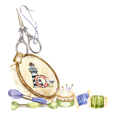 watercolor handiwork tools, hand drawn sketch of embroidery needlework accessory, embroidery frame picture, scissors, flosses, yarn, pins, thimble, pincushion, embroidery frame, cozy home hobby