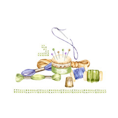 hand drawn sketch of embroidery needlework accessory, watercolor handiwork tools, scissors, flosses, yarn, thimble, pincushion, cozy home hobby, composition for women blogs, shops decoration