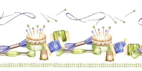 watercolor handiwork tools, hand drawn sketch of embroidery needlework accessory, seamless border, flosses, yarn, thimble, pincushion, cozy home hobby for women blogs, shops decoration