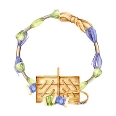 watercolor wreath of embroidery theme, hand drawn sketch of handiwork with needlework box, pastel colors flosses, skein of thread, embroidery frame, illustration of handmade accessories on white