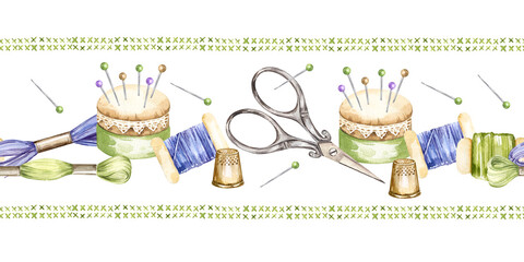 watercolor handiwork tools, hand drawn sketch of embroidery needlework accessory, scissors, seamless border, flosses, yarn, thimble, pincushion, cozy home hobby for women blogs, shops decoration