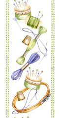 watercolor handiwork tools, hand drawn sketch of embroidery needlework accessory, embroidery frame, seamless board, flosses, yarn, thimble, pincushion, illustration for women blogs, shop decoration