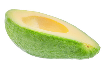 Half green avocado without seed isolated, tropical fruit with smooth peel and creamy texture, organic healthy food concept advertising or banner