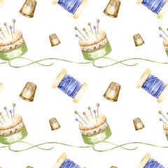 watercolor handiwork tools, hand drawn seamless pattern, sketch of embroidery needlework accessory, flosses, yarn, thimble, pincushion, illustration for women shops, textile. home utensil decoration
